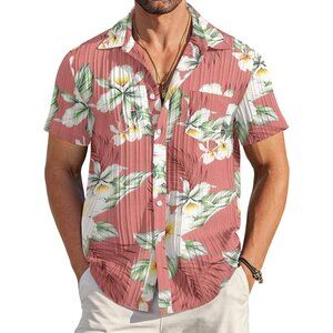 Men's Pink Casual Button Down Shirts Short Sleeve Textured Summer Beach Shirt